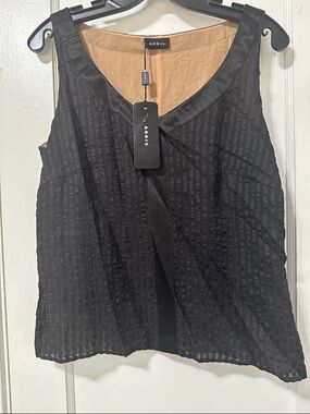 Akris Black Textured Sleeveless Satin-Trim V-Neck Top